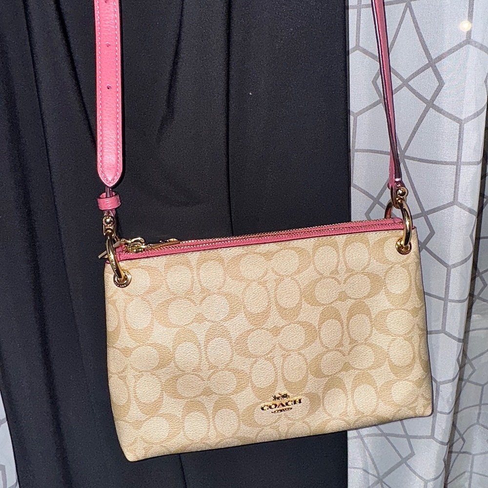 Coach Signature Beige and Pink Crossbody Bag
